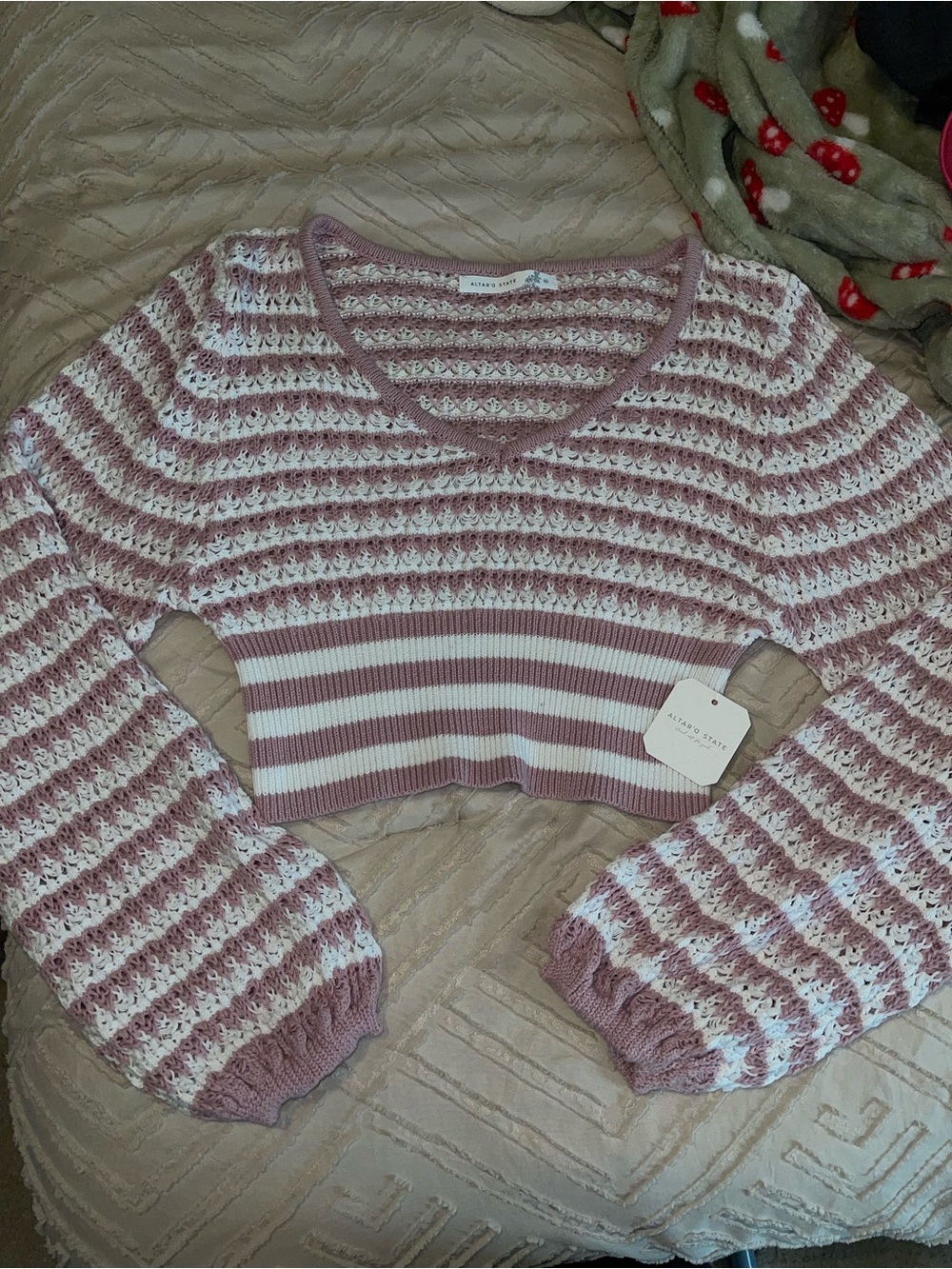 Altar'd State Pink and White Striped Cropped V‑Neck Sweater